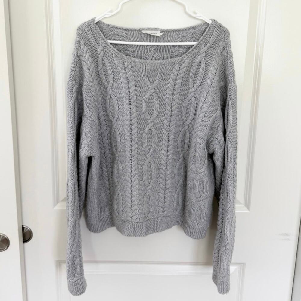 FLANNEL America Wool Blend Chunky Boatneck Cable Knit Sweater Gray Large